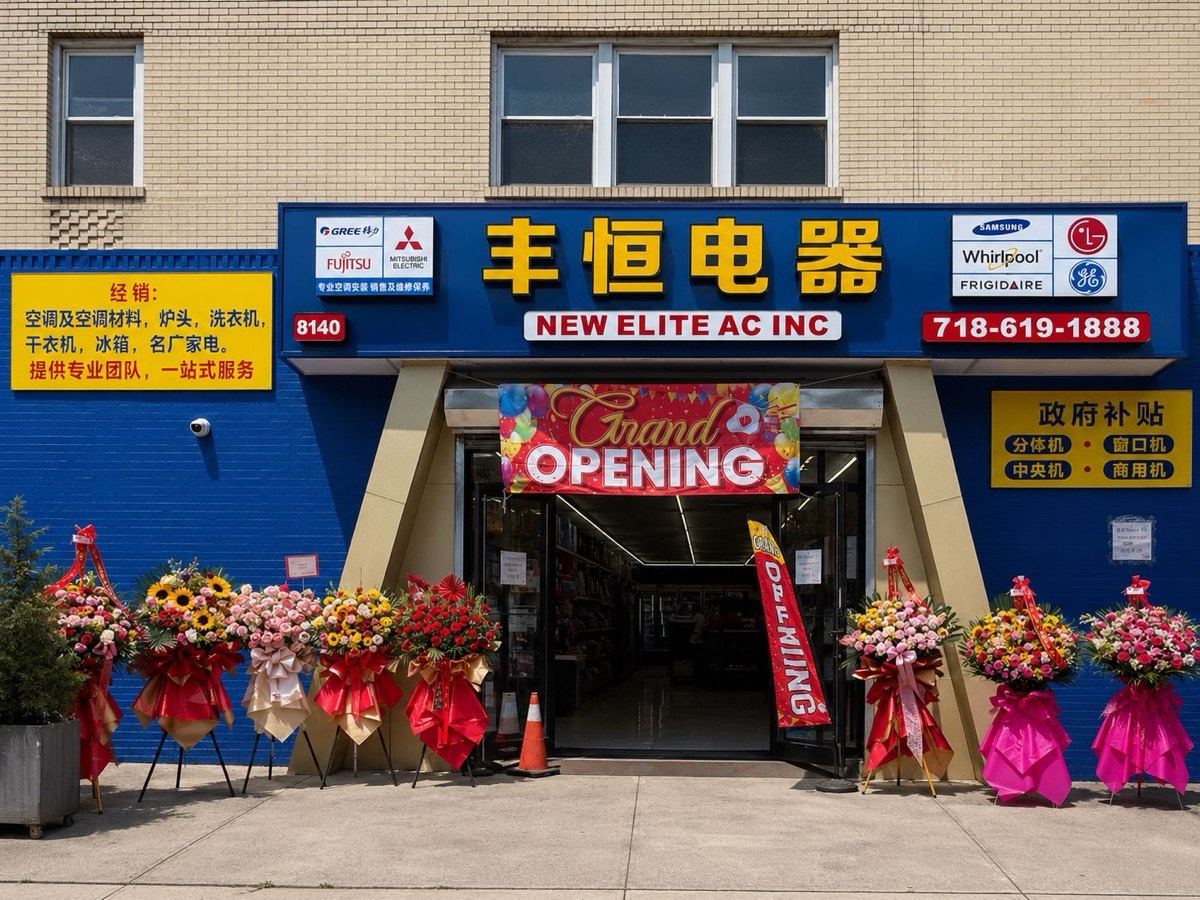 New Elite AC Supply 丰恒电器 grand opening storefront at 8140 New Utrecht Avenue, Brooklyn